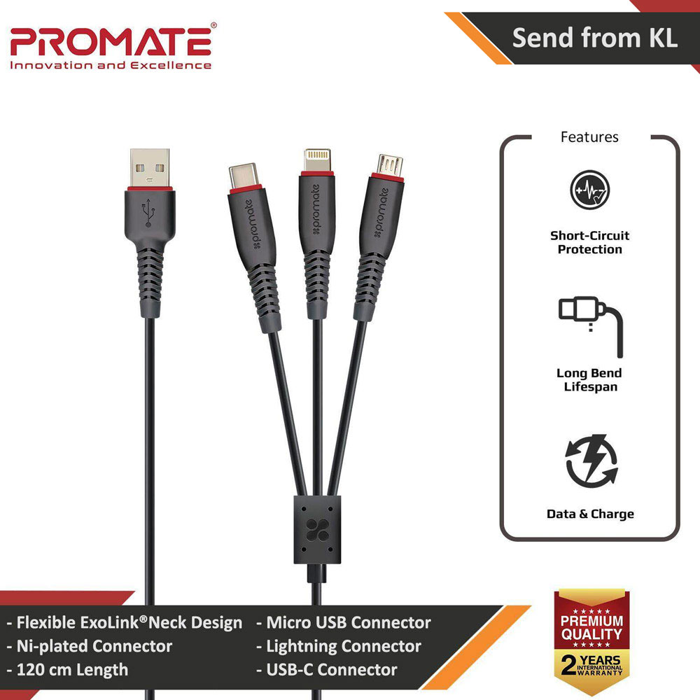 Picture of Promate Multi Charging Cable 3 in 1 High Quality 1.2m USB to Type-C™ Lightning and Micro USB Charging and Syncing Cable with Flexible ExoFlex Neck and Over Charging Protection for Smartphones Tablets MP3 Player FlexLink-Trio Red Design- Red Design Cases, Red Design Covers, iPad Cases and a wide selection of Red Design Accessories in Malaysia, Sabah, Sarawak and Singapore 