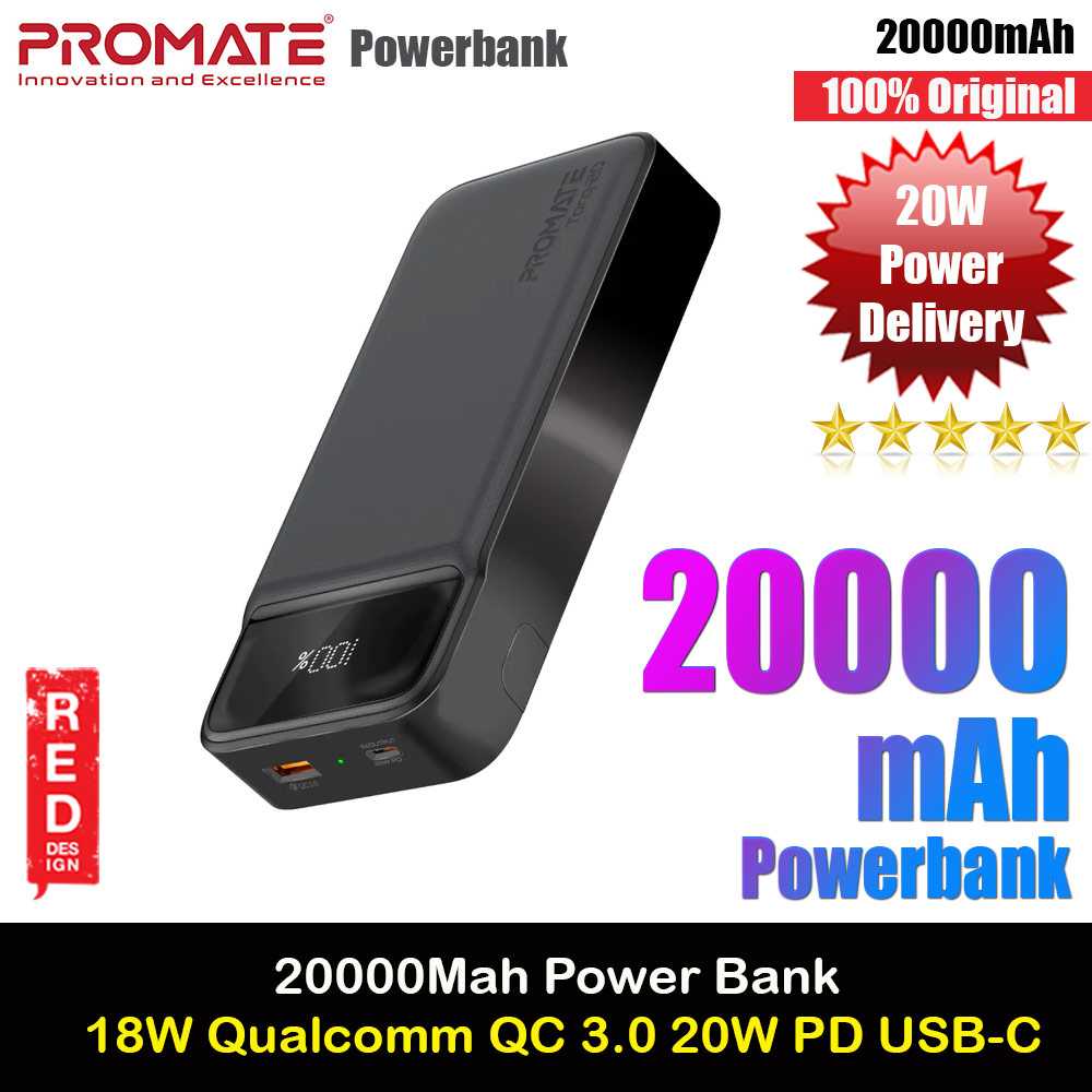 Picture of Promate 20000mAh Power Bank Powerbank 20W Power Delvey USB-C 18W QC3 USB-A  with Kickstand Torq-20 (Black) Red Design- Red Design Cases, Red Design Covers, iPad Cases and a wide selection of Red Design Accessories in Malaysia, Sabah, Sarawak and Singapore 