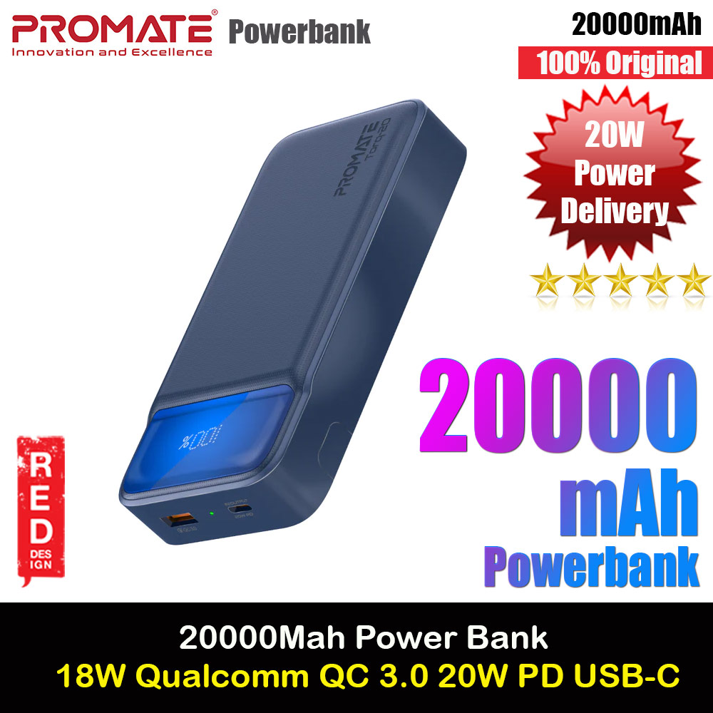 Picture of Promate 20000mAh Power Bank Powerbank 20W Power Delvey USB-C 18W QC3 USB-A  with Kickstand Torq-20 (Blue) Red Design- Red Design Cases, Red Design Covers, iPad Cases and a wide selection of Red Design Accessories in Malaysia, Sabah, Sarawak and Singapore 