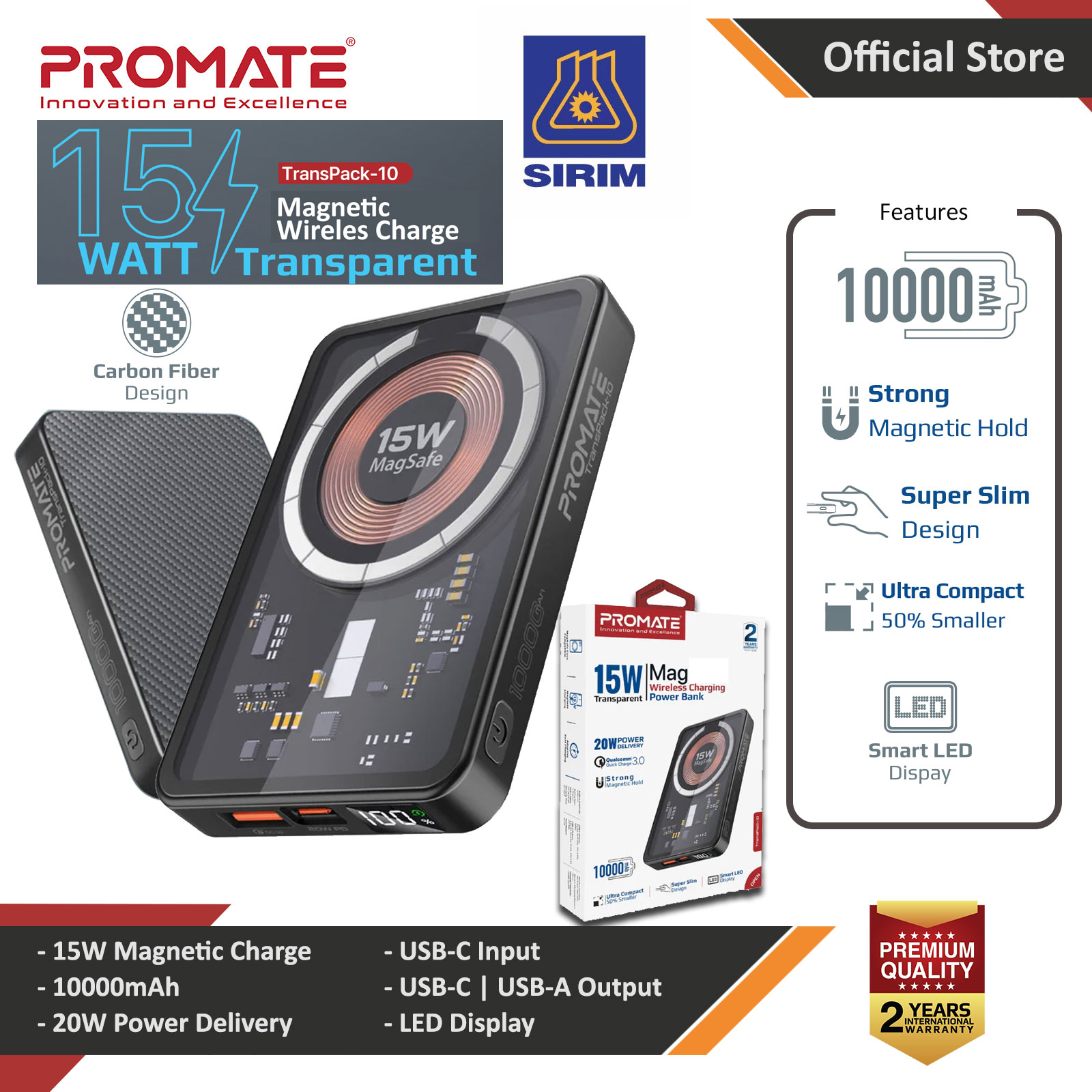 Picture of Promate 10000mAh Magsafe Magnetic Wireless Transparent Carbon Fiber Design Power Bank Powerbank 15W Wireless 20W Power Delivery USB-C TransPack-10 (Black) Red Design- Red Design Cases, Red Design Covers, iPad Cases and a wide selection of Red Design Accessories in Malaysia, Sabah, Sarawak and Singapore 