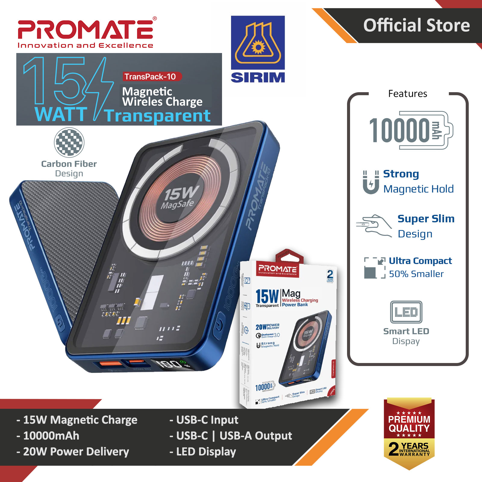 Picture of Promate 10000mAh Magsafe Magnetic Wireless Transparent Carbon Fiber Design Power Bank Powerbank 15W Wireless 20W Power Delivery USB-C TransPack-10 (Blue) Red Design- Red Design Cases, Red Design Covers, iPad Cases and a wide selection of Red Design Accessories in Malaysia, Sabah, Sarawak and Singapore 