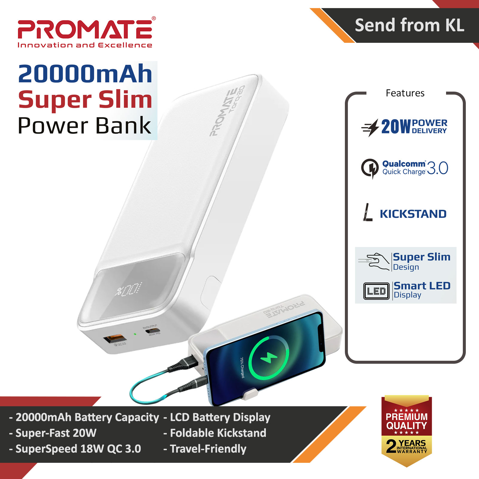 Picture of Promate 20000mAh Power Bank Powerbank 20W Power Delvey USB-C 18W QC3 USB-A  with Kickstand Torq-20 (White) Red Design- Red Design Cases, Red Design Covers, iPad Cases and a wide selection of Red Design Accessories in Malaysia, Sabah, Sarawak and Singapore 