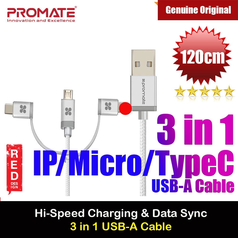 Picture of Promate 3 in 1 USB-C Type C Micro USB Lightning Multipurpose Cable Data and Charge Cable UniLink-Trio (Silver) Red Design- Red Design Cases, Red Design Covers, iPad Cases and a wide selection of Red Design Accessories in Malaysia, Sabah, Sarawak and Singapore 