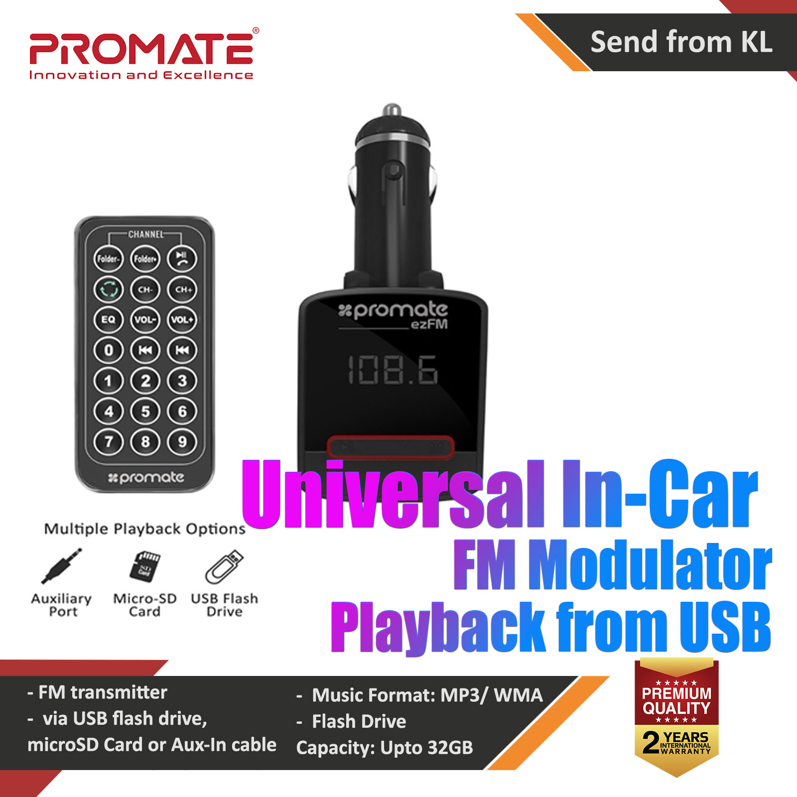 Picture of PROMATE ezFM Universal In-Car FM Modulator Playback from USB  MicroSD Card AUX-In ezfm Red Design- Red Design Cases, Red Design Covers, iPad Cases and a wide selection of Red Design Accessories in Malaysia, Sabah, Sarawak and Singapore 