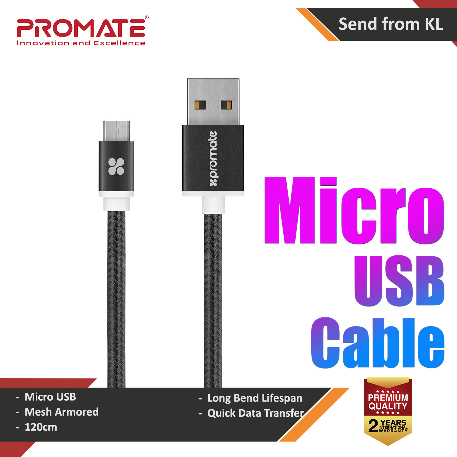 Picture of PROMATE LinkMate-U2M USB-A to Micro-USB Heavy Duty Mesh-Armored Cable for high-speed data transmission & charging 120cm Red Design- Red Design Cases, Red Design Covers, iPad Cases and a wide selection of Red Design Accessories in Malaysia, Sabah, Sarawak and Singapore 