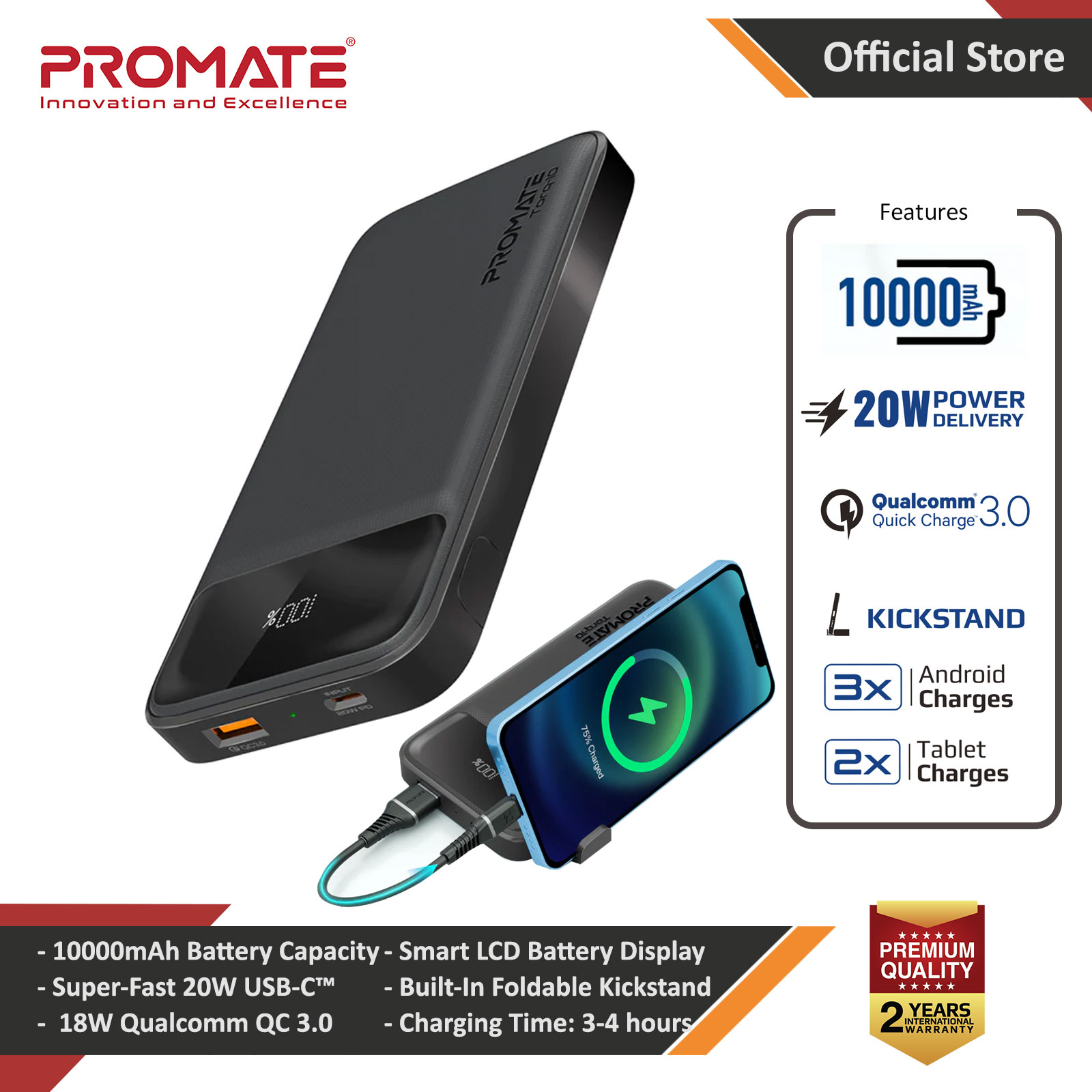 Picture of Promate Super Slim Power Bank 10000mAh with 20W Power Delivery 18W QC3.0 USB C Input Output Torq-10 (Black) Red Design- Red Design Cases, Red Design Covers, iPad Cases and a wide selection of Red Design Accessories in Malaysia, Sabah, Sarawak and Singapore 