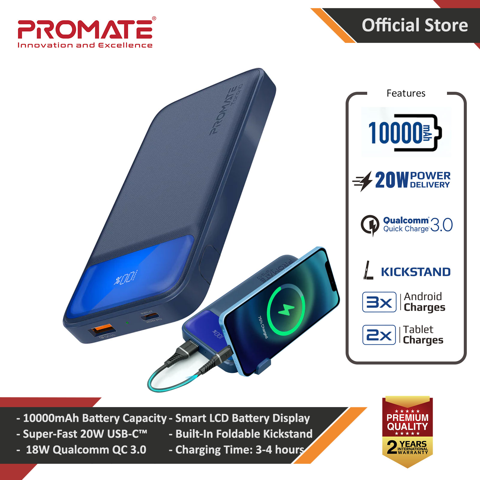 Picture of Promate Super Slim Power Bank 10000mAh with 20W Power Delivery 18W QC3.0 USB C Input Output Torq-10 (Blue) Red Design- Red Design Cases, Red Design Covers, iPad Cases and a wide selection of Red Design Accessories in Malaysia, Sabah, Sarawak and Singapore 