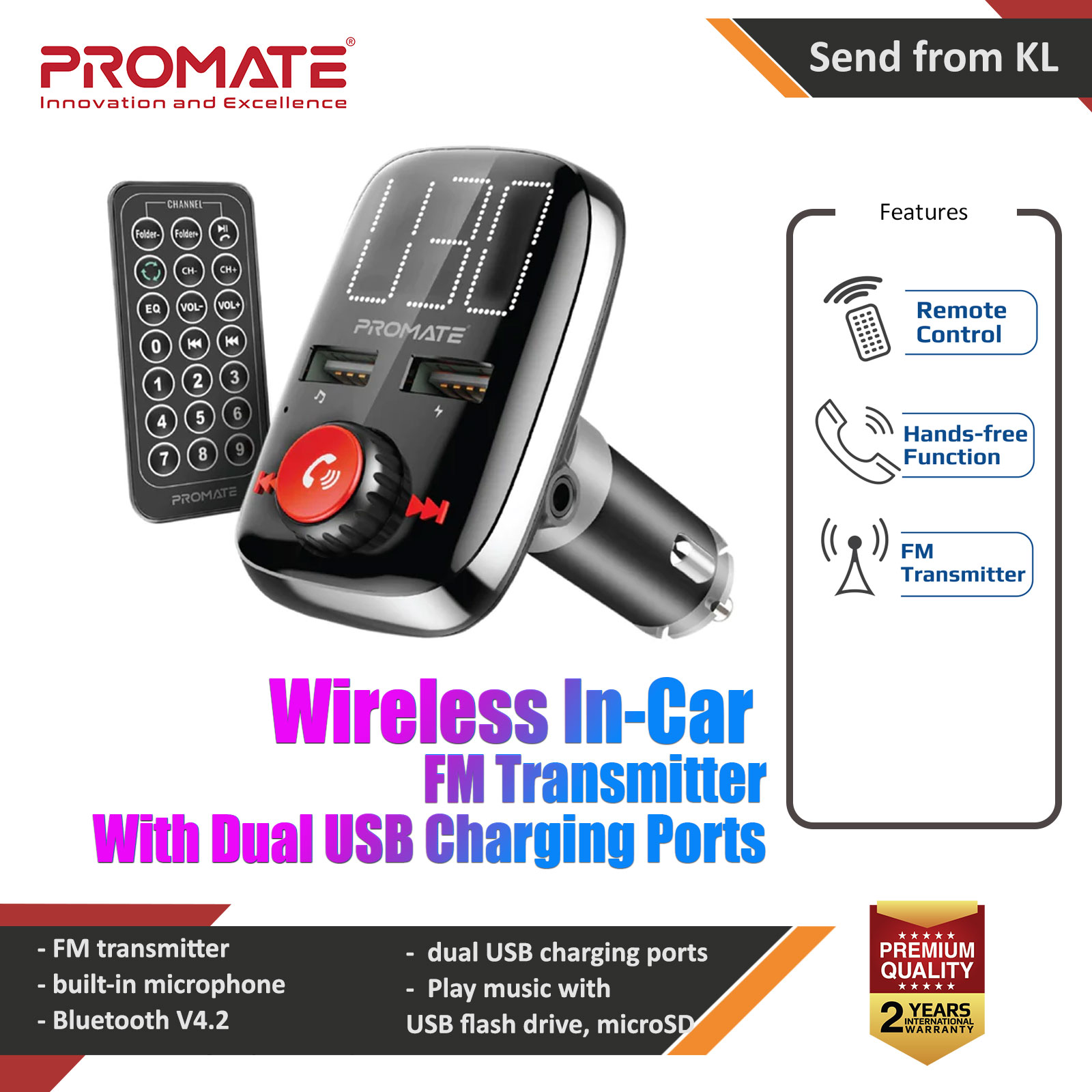 Picture of Promate Wireless FM Transmitter In-Car Bluetooth V4.2 FM Transmitter Car Kit with Smart LED Display 3.4A Dual USB Port Car Charger AUX Input Micro-SD Card Slot Remote Control and Hands-Free Calling for Smartphones Tablet MP3 - SmarTune-3 Red Design- Red Design Cases, Red Design Covers, iPad Cases and a wide selection of Red Design Accessories in Malaysia, Sabah, Sarawak and Singapore 