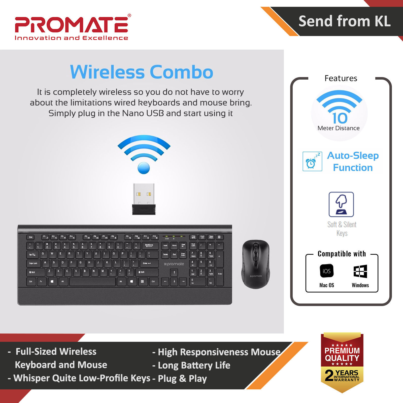 Picture of Promate Wireless Keyboard and Mouse Ergonomic Ultra-Slim 2.4GHz Cordless Combo Keyboard and 5 Button DPI Mouse with Wrist Rest Panel and Auto-Sleep Function for Desktop PC Windows iOS ProCombo-4 Red Design- Red Design Cases, Red Design Covers, iPad Cases and a wide selection of Red Design Accessories in Malaysia, Sabah, Sarawak and Singapore 
