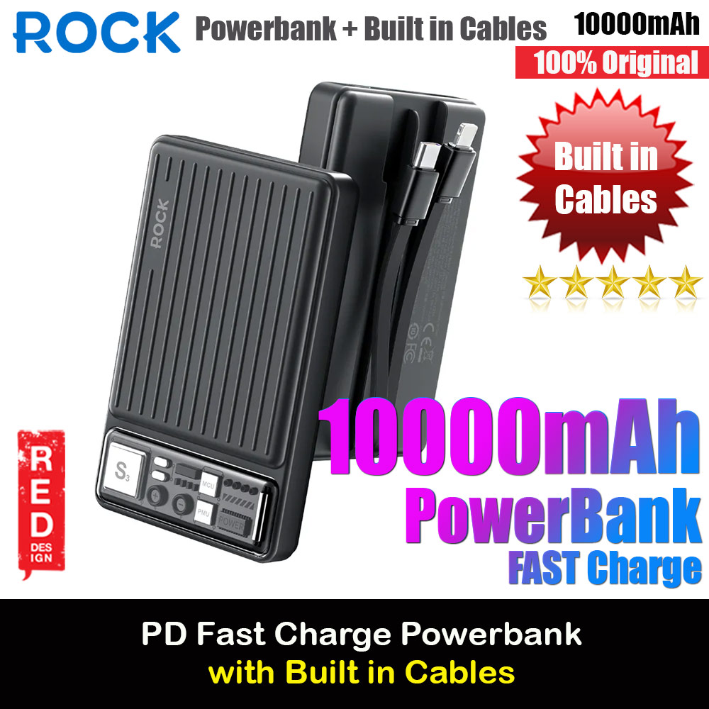Picture of Rock P92 Fast Charge PD 20W 10000mAh Travel Portable Small Palm Size Compact Mini Power Bank powerbank with Multiple Built in Cable USB C USB L (Black) Red Design- Red Design Cases, Red Design Covers, iPad Cases and a wide selection of Red Design Accessories in Malaysia, Sabah, Sarawak and Singapore 