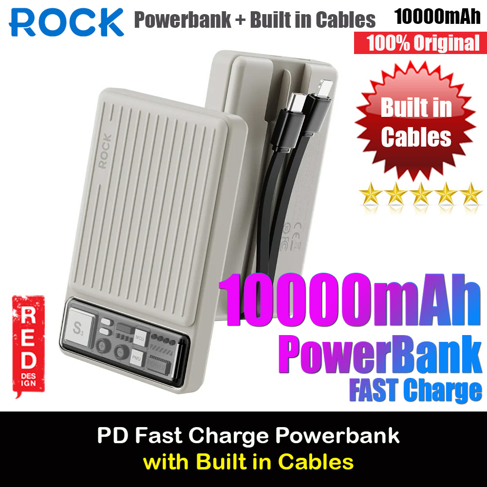Picture of Rock P92 Fast Charge PD 20W 10000mAh Travel Portable Small Palm Size Compact Mini Power Bank powerbank with Multiple Built in Cable USB C USB L (White Beige) Red Design- Red Design Cases, Red Design Covers, iPad Cases and a wide selection of Red Design Accessories in Malaysia, Sabah, Sarawak and Singapore 