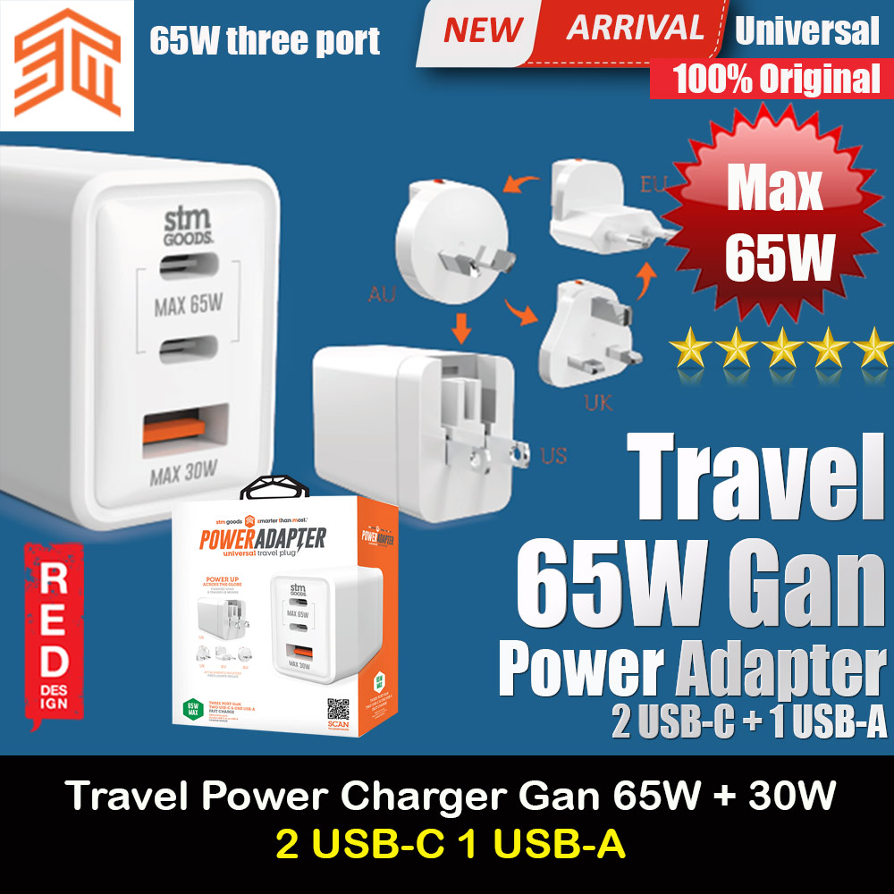 Picture of STM Goods Gan 65W PD 3 Port Power Charge 2 USB C 1 USB A with Universal Travel Plug Adapter for Phone Tablet Laptop (White) Apple Airpods 1- Apple Airpods 1 Cases, Apple Airpods 1 Covers, iPad Cases and a wide selection of Apple Airpods 1 Accessories in Malaysia, Sabah, Sarawak and Singapore 