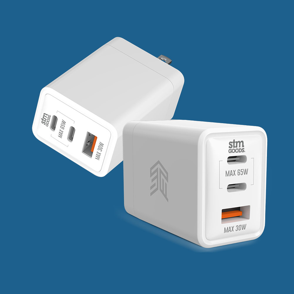 Picture of Apple Airpods 1 Power Bank | STM Goods Gan 65W PD 3 Port Power Charge 2 USB C 1 USB A with Universal Travel Plug Adapter for Phone Tablet Laptop (White)