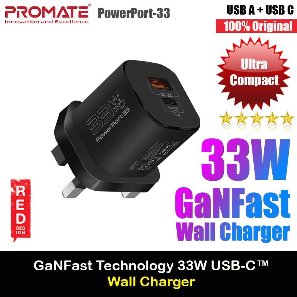 Picture of Promate Ultra-Compact GaNFast™ 33W USB-C™ Power Delivery Fast Charging Wall Charger with Fast 22.5W QC 3.0 Charging Port PowerPort-33 (Black) Red Design- Red Design Cases, Red Design Covers, iPad Cases and a wide selection of Red Design Accessories in Malaysia, Sabah, Sarawak and Singapore 