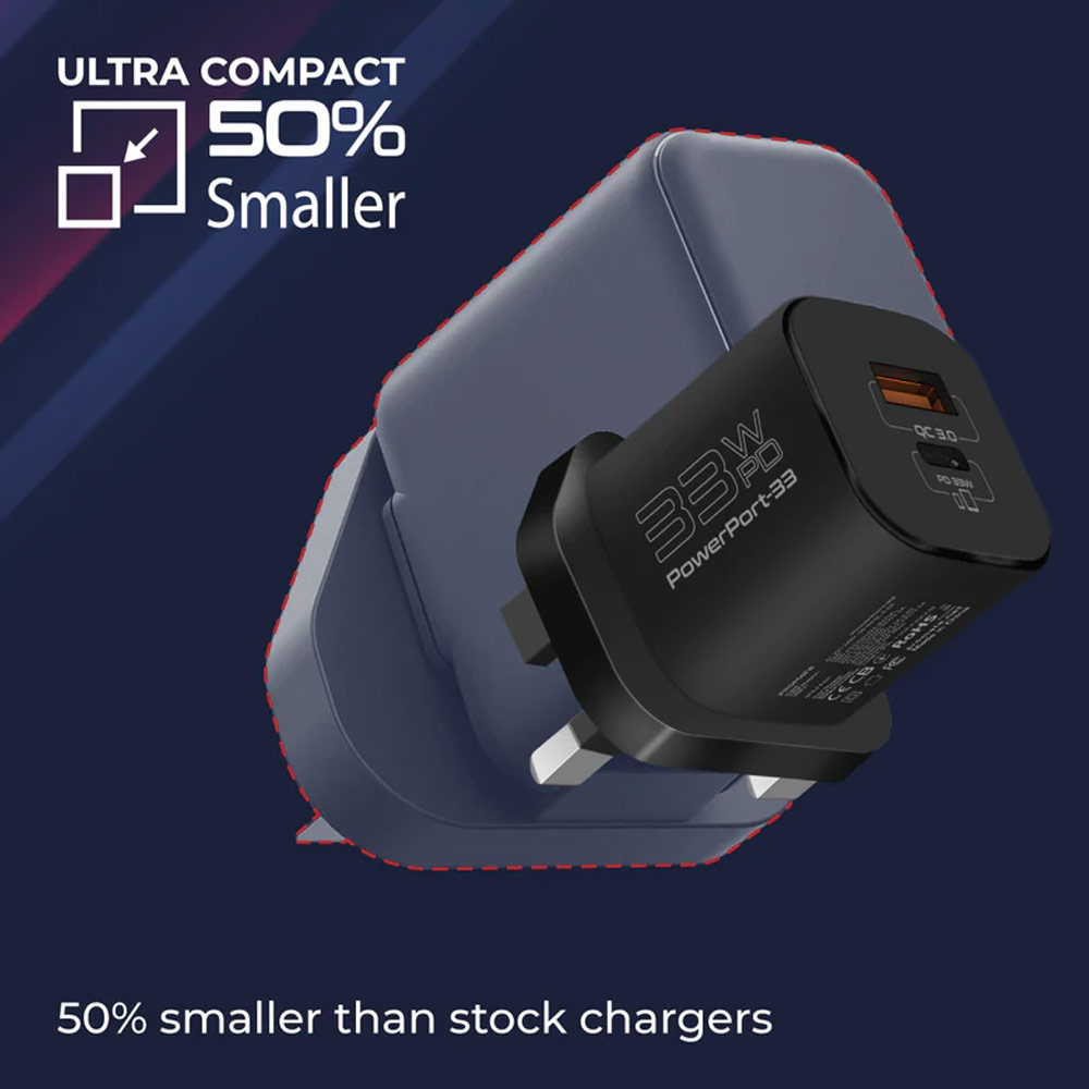 Picture of Promate Ultra-Compact GaNFast™ 33W USB-C™ Power Delivery Fast Charging Wall Charger with Fast 22.5W QC 3.0 Charging Port PowerPort-33 (Black)