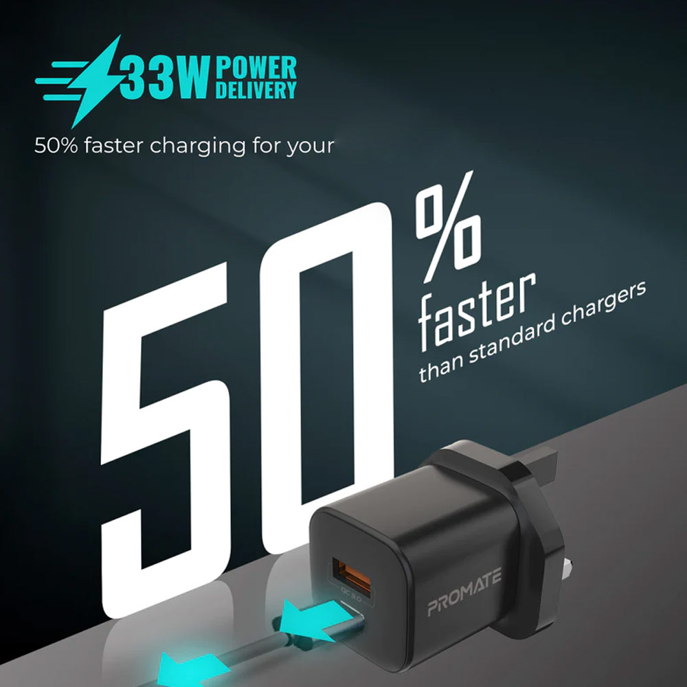 Picture of Promate Ultra-Compact GaNFast™ 33W USB-C™ Power Delivery Fast Charging Wall Charger with Fast 22.5W QC 3.0 Charging Port PowerPort-33 (Black)