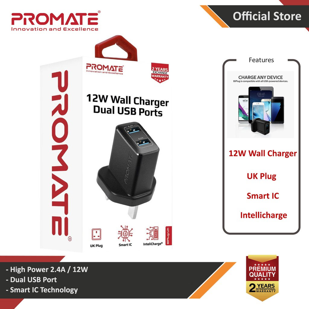 Picture of Promate 12W Dual Port Charger 2.4A Fast Charge USB-A Port Compact Design Charger (Black) Red Design- Red Design Cases, Red Design Covers, iPad Cases and a wide selection of Red Design Accessories in Malaysia, Sabah, Sarawak and Singapore 