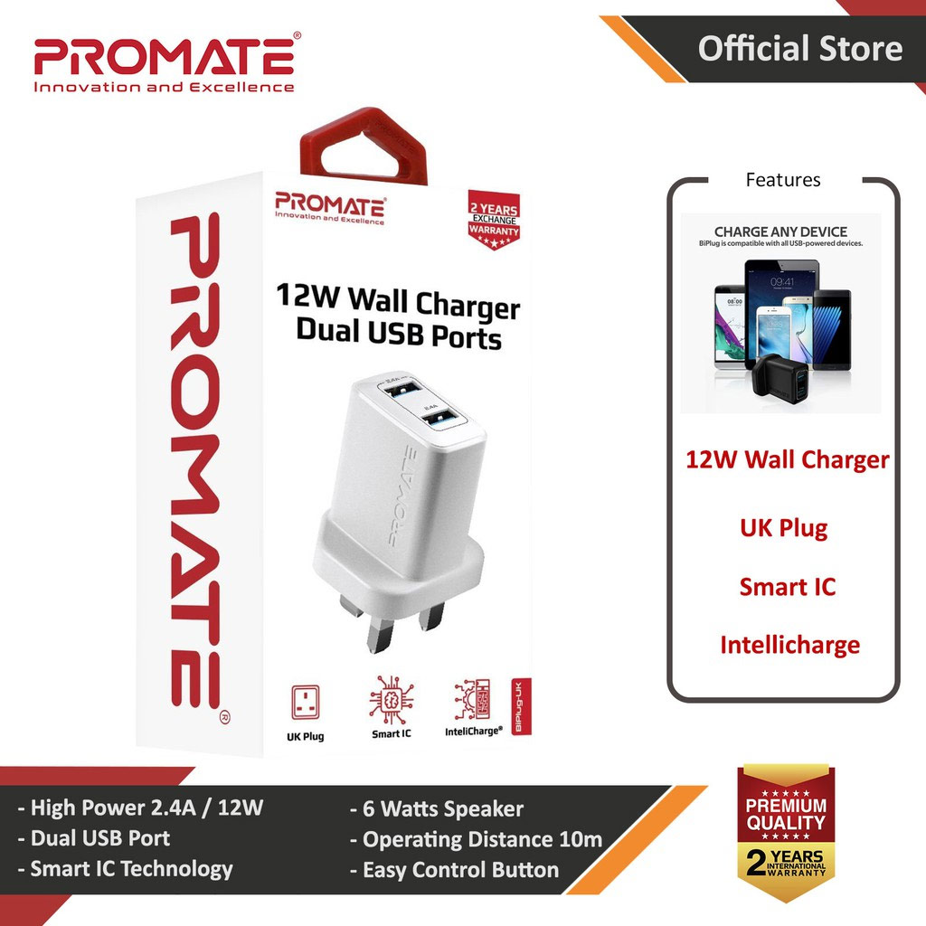 Picture of Promate 12W Dual Port Charger 2.4A Fast Charge USB-A Port Compact Design Charger (White) Red Design- Red Design Cases, Red Design Covers, iPad Cases and a wide selection of Red Design Accessories in Malaysia, Sabah, Sarawak and Singapore 