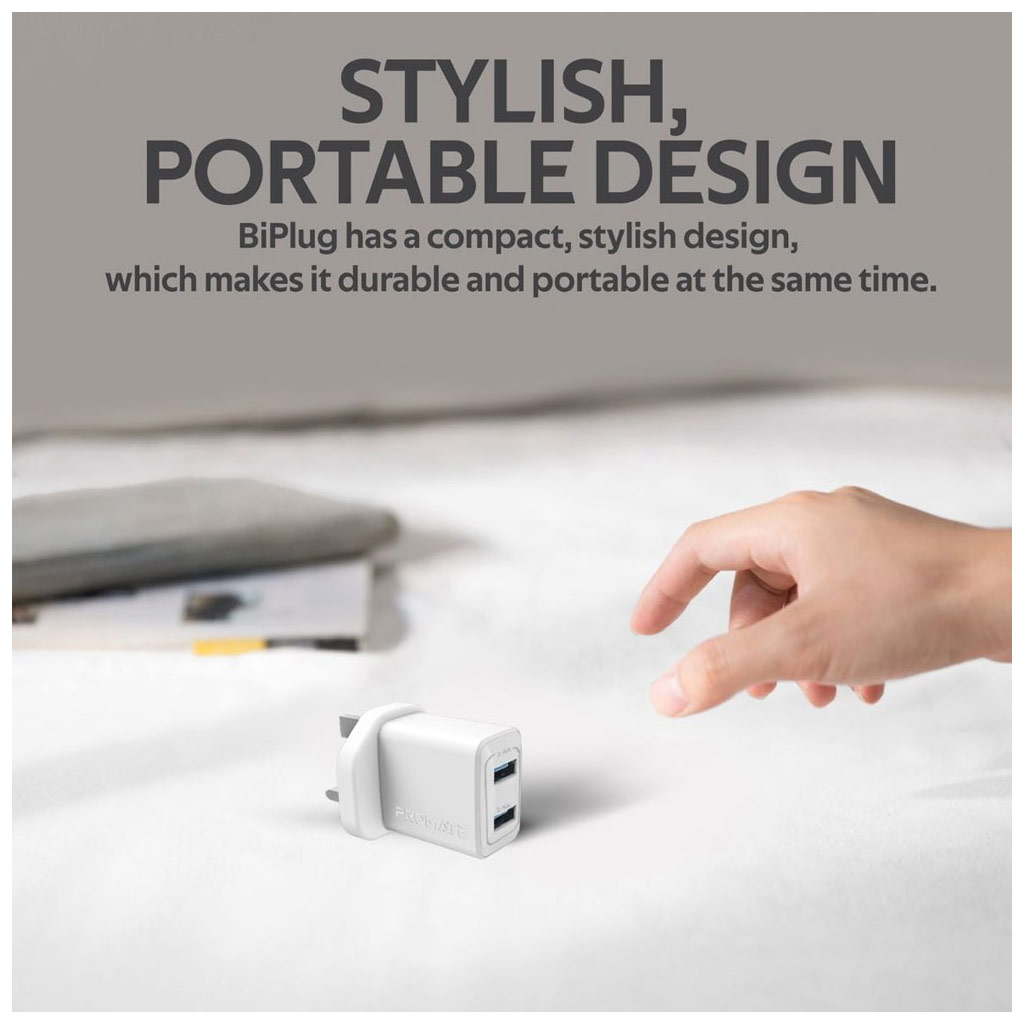 Picture of Promate 12W Dual Port Charger 2.4A Fast Charge USB-A Port Compact Design Charger (White)