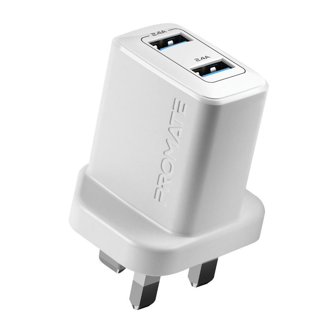 Picture of Promate 12W Dual Port Charger 2.4A Fast Charge USB-A Port Compact Design Charger (White)