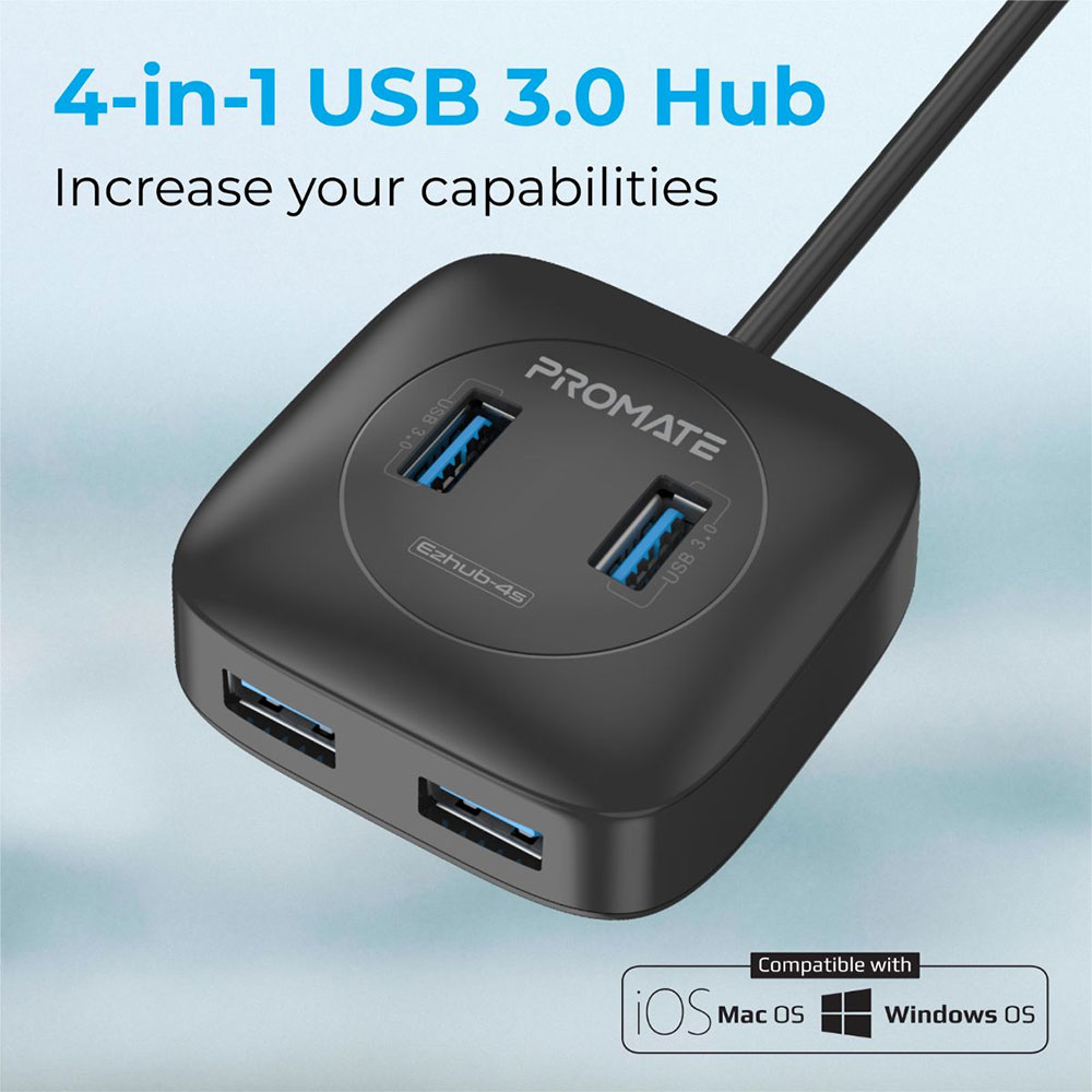 Picture of Promate USB Hub Premium 4 Port USB 3.0 Splitter with Ultra-Fast 5Gbps Sync Charge Hub Built-In USB 3.0 Cable and Over-Current Protection for Mac OS Notebook Windows USB Flash Drive EzHub-4s