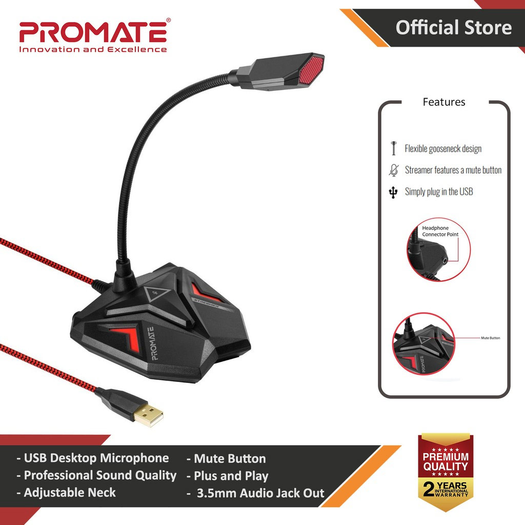 Picture of Promate USB Gaming Microphone High Definition Omnidirectional Gooseneck Condenser Mic with Audio Jack Out Mute Button Steamer (Red) Red Design- Red Design Cases, Red Design Covers, iPad Cases and a wide selection of Red Design Accessories in Malaysia, Sabah, Sarawak and Singapore 