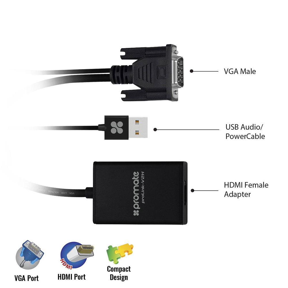 Picture of Promate VGA to HDMI Adapter Video Cable Converter Adapter Kit Plug and Play with Audio Support