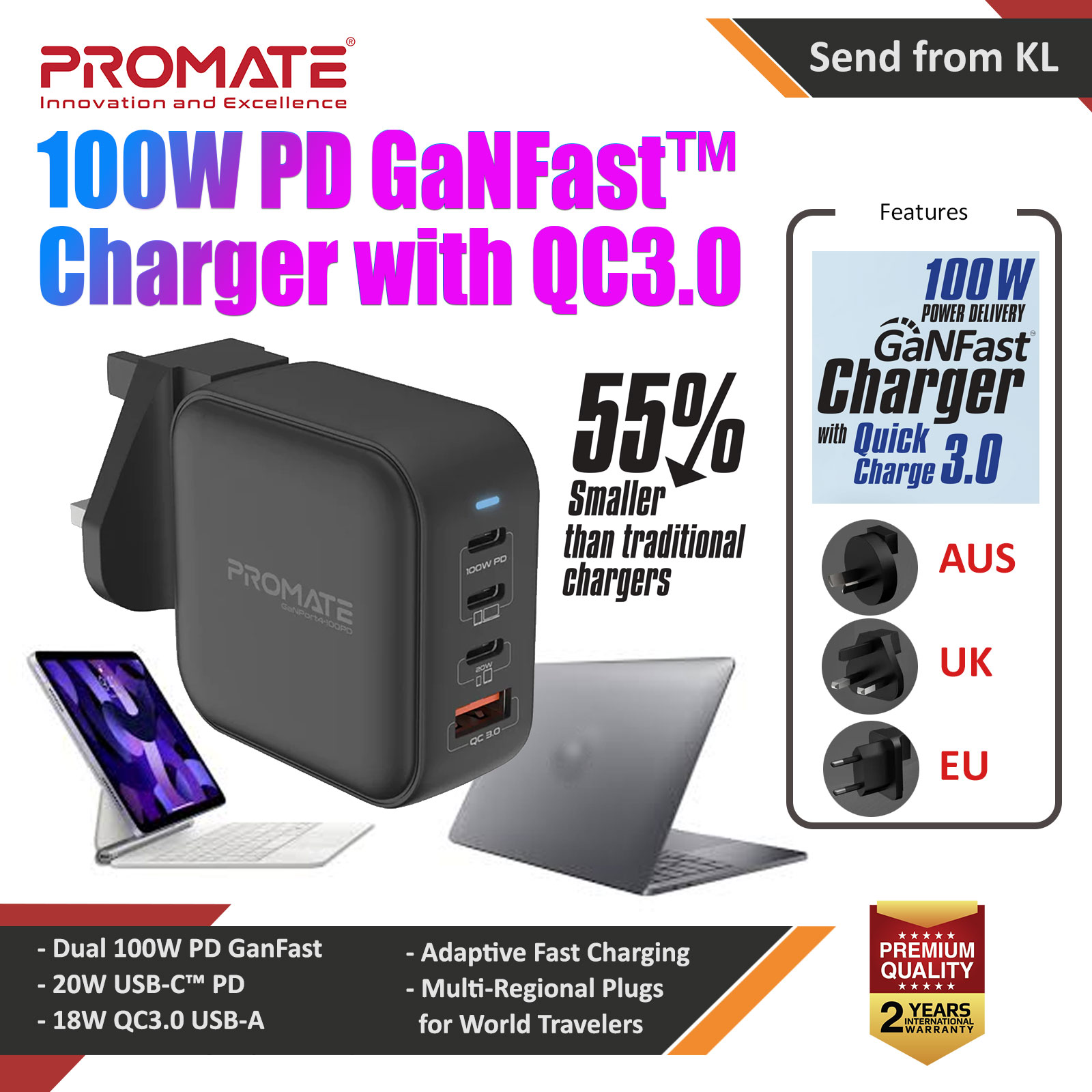 Picture of Promate GaN USB-C™ Charger 100W GaN Technology Fast Dual Type-C™ Power Delivery Laptop Charger with 20W Power Delivery USB-C™ Port 18W QC 3.0 Port and Multi-Regional Plugs for MacBook Pro iPad Pro iPhone 14 GaNPort4-100PD Red Design- Red Design Cases, Red Design Covers, iPad Cases and a wide selection of Red Design Accessories in Malaysia, Sabah, Sarawak and Singapore 