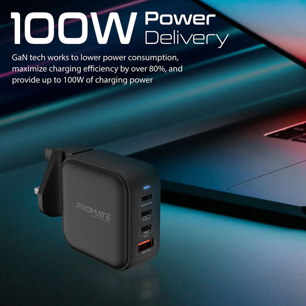 Picture of Promate GaN USB-C™ Charger 100W GaN Technology Fast Dual Type-C™ Power Delivery Laptop Charger with 20W Power Delivery USB-C™ Port 18W QC 3.0 Port and Multi-Regional Plugs for MacBook Pro iPad Pro iPhone 14 GaNPort4-100PD