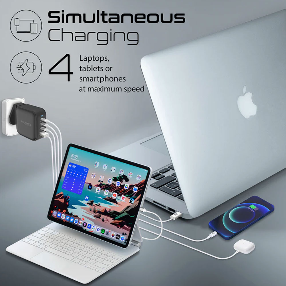 Picture of Promate GaN USB-C™ Charger 100W GaN Technology Fast Dual Type-C™ Power Delivery Laptop Charger with 20W Power Delivery USB-C™ Port 18W QC 3.0 Port and Multi-Regional Plugs for MacBook Pro iPad Pro iPhone 14 GaNPort4-100PD