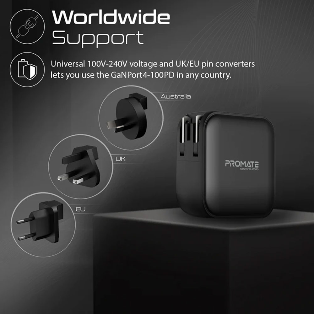 Picture of Promate GaN USB-C™ Charger 100W GaN Technology Fast Dual Type-C™ Power Delivery Laptop Charger with 20W Power Delivery USB-C™ Port 18W QC 3.0 Port and Multi-Regional Plugs for MacBook Pro iPad Pro iPhone 14 GaNPort4-100PD