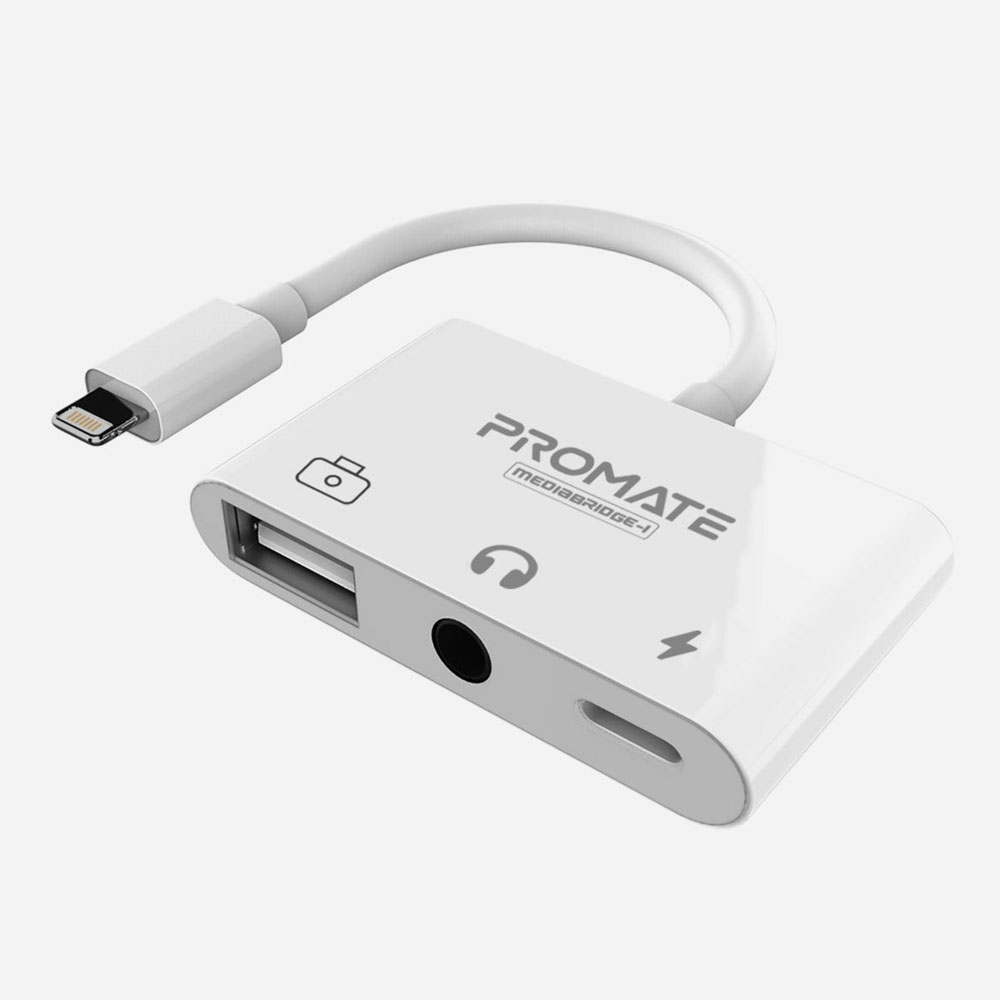 Picture of Promate Lightning Hub 3-In-1 Lightning to 3.5mm Headphone Audio USB Camera Female OTG Adapter Cable with 2A Fast Charging Port Adapter for iPhone 14 Pro Max iPad Pro iPod MediaBridge-i