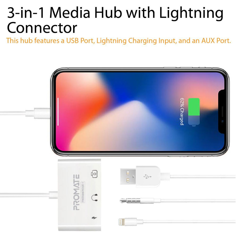 Picture of Promate Lightning Hub 3-In-1 Lightning to 3.5mm Headphone Audio USB Camera Female OTG Adapter Cable with 2A Fast Charging Port Adapter for iPhone 14 Pro Max iPad Pro iPod MediaBridge-i