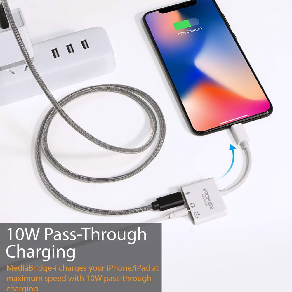 Picture of Promate Lightning Hub 3-In-1 Lightning to 3.5mm Headphone Audio USB Camera Female OTG Adapter Cable with 2A Fast Charging Port Adapter for iPhone 14 Pro Max iPad Pro iPod MediaBridge-i