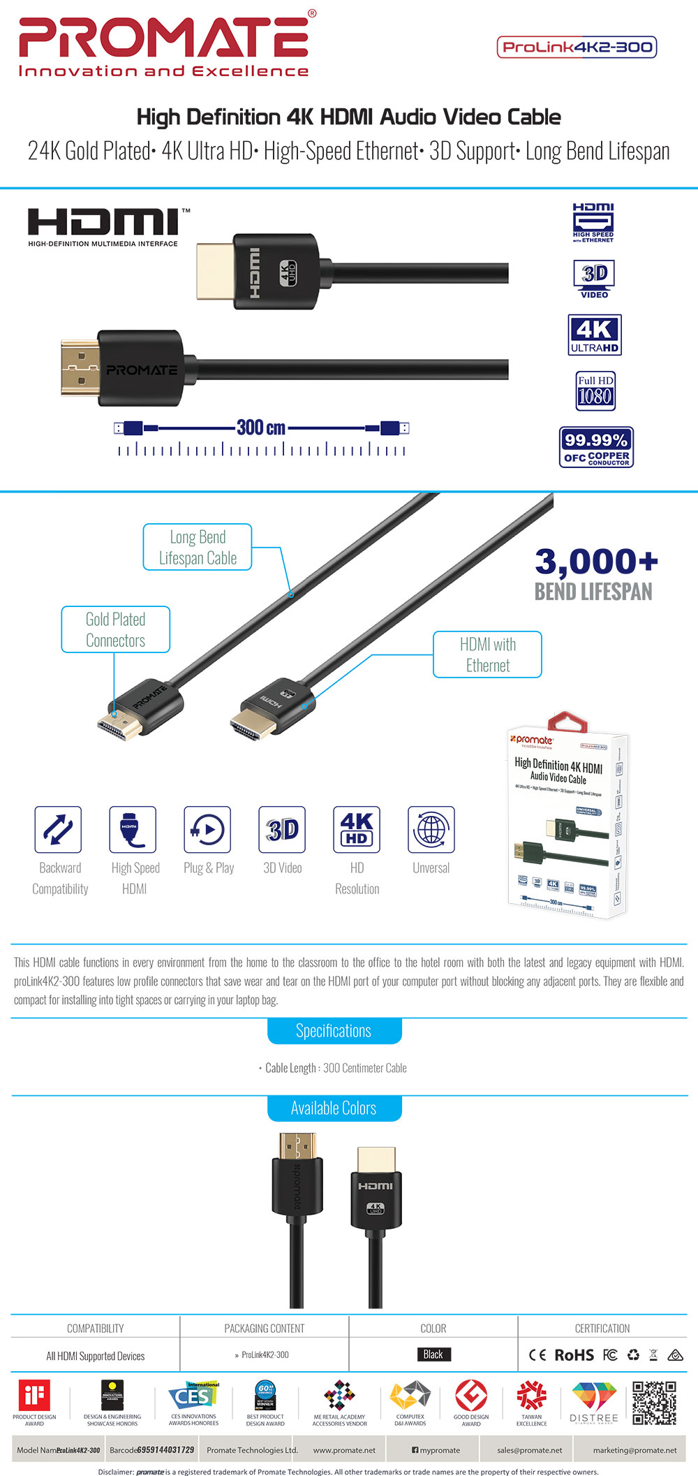 Picture of Promate 4K HDMI Cable High-Speed 3 Meter HDMI Cable with 24K Gold Plated Connector and Ethernet 3D Video Support for HDTV Projectors Computers LED TV and Game consoles 300cm ProLink4K2-300