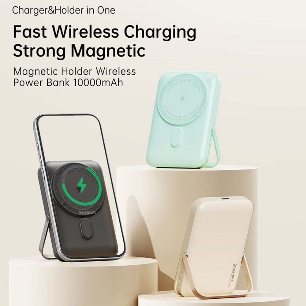 Picture of Rock P20 SE PD20W 15W Magnetic Wireless Charging Fast Charge 10000mAh Travel Portable Small Palm Size Compact Mini Power Bank powerbank Stand Holder (Black)