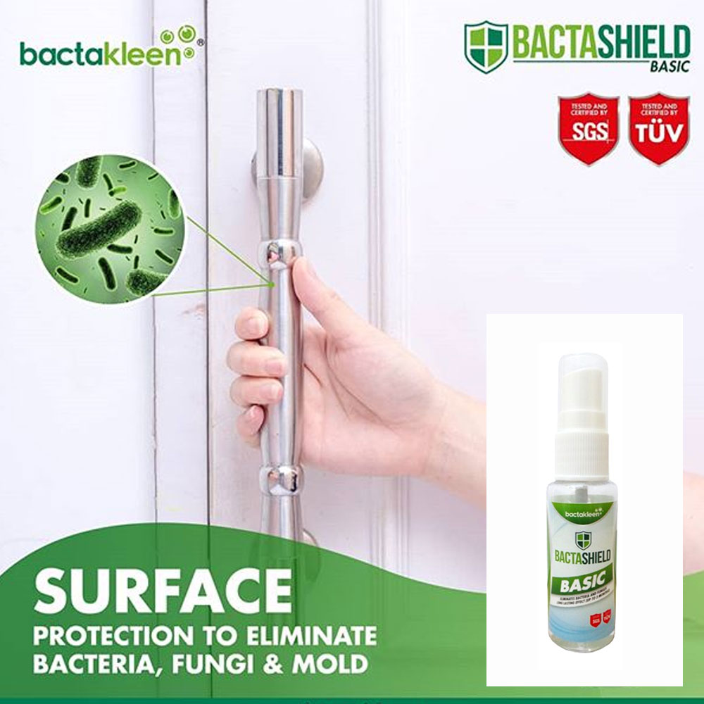 Picture of Bactakleen Bactashield Worlds first semi permanent anti-bacterial coating water-based and non-toxic bacteria killing Eliminate tabacco odours and also fungus odours Apply at cars school hotel  Public Transportation Gyms Toilets Bedroom 30ml