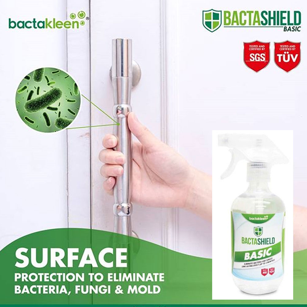 Picture of Bactakleen Bactashield Worlds first semi permanent anti-bacterial coating water-based and non-toxic bacteria killing Eliminate tabacco odours and also fungus odours Apply at cars school hotel  Public Transportation Gyms Toilets Bedroom 500ml