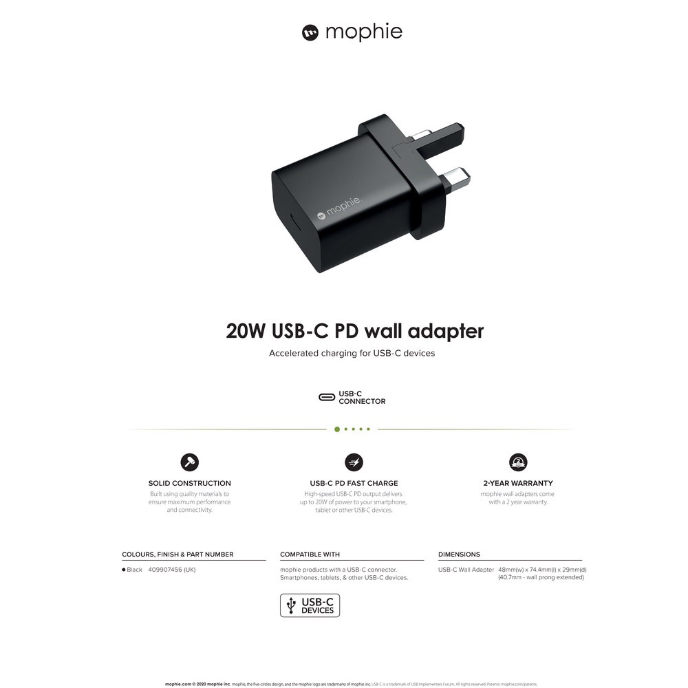 Picture of Mophie USB-C 20W PD Wall Charger Traver Charger Compact Charger for iPhone 11 Pro Max 12 Pro Max 13 Pro Max (UK Black)