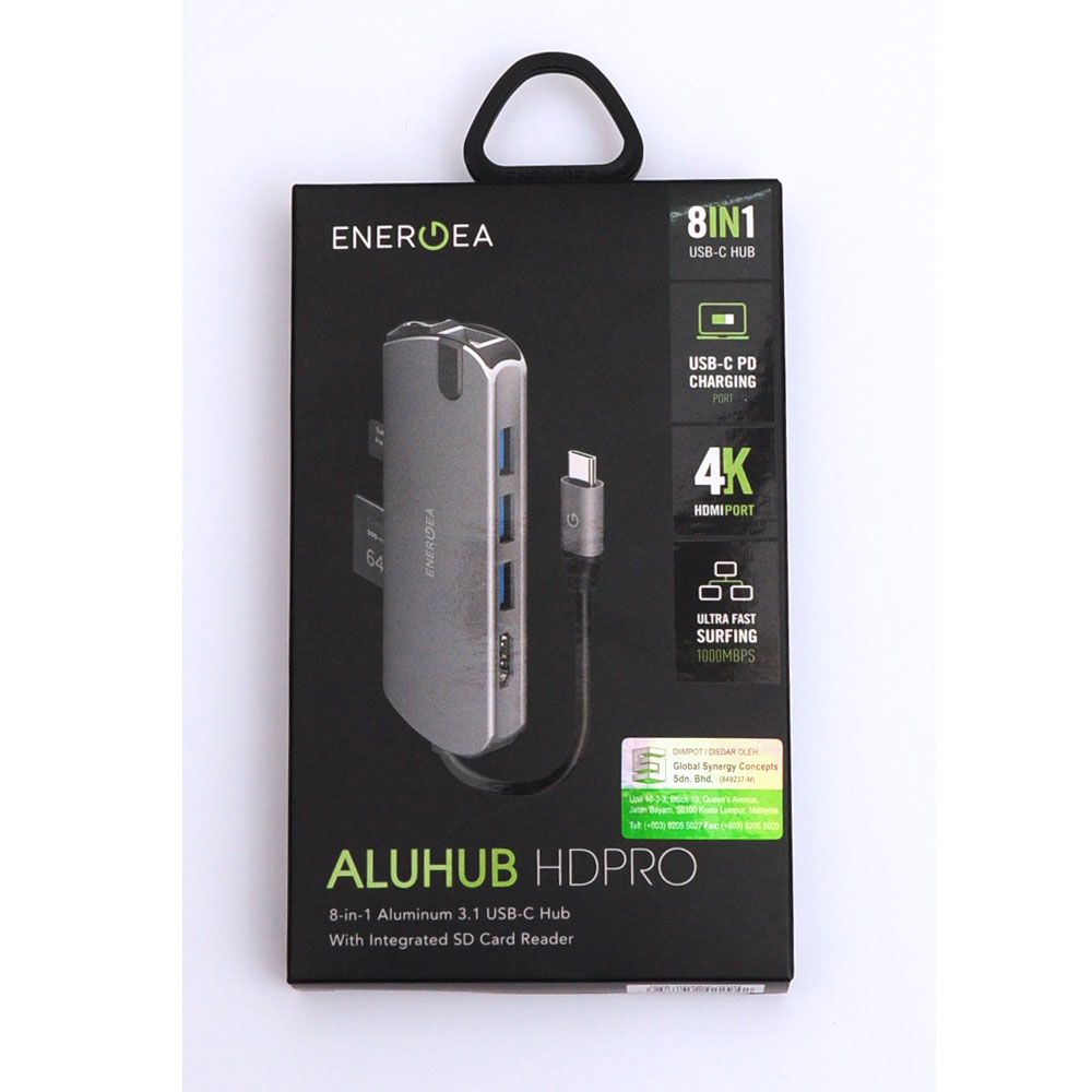 Picture of Energea ALUHUB HDPRO 8 in 1 USB-C Hub 8 in 1 Premium Multi Port Aluminium Adapter with 60W Type-C Power Delivery Port  4K HDMI 1000Mbps Ethernet Port 3 USB 3.0 Ports SD Card Reader for MacBook Pro Chromebook