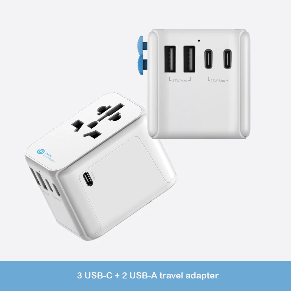 Picture of Bazic by Energea GoPort up to 28W 2 USB-A 3 USB-C Port Universal Travel Adapter Wall Charger (White)