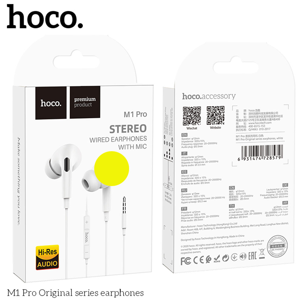 Picture of Hoco M1 Pro Stereo Wired  Earphone In Ear Sport Earphones with mic for xiaomi iPhone Samsung Headset Laptop Computer Table 3.5mm Interface (White)