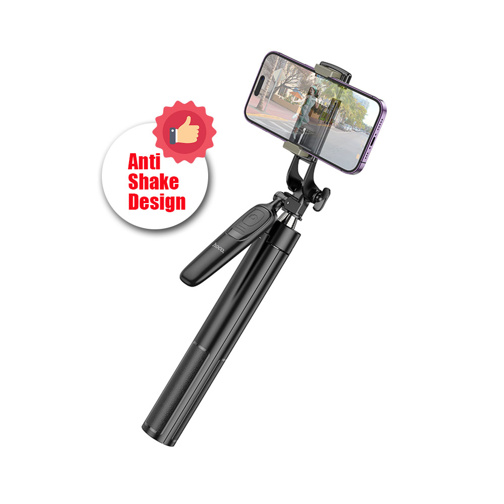 Picture of Hoco Folding Portable Stable Standable Selfie Stick Tripod for Mobile Phone with Bluetooth Remote Control and Anti Shake Handle Design for Mobile Phone Less Than 6.7 inches (Black)