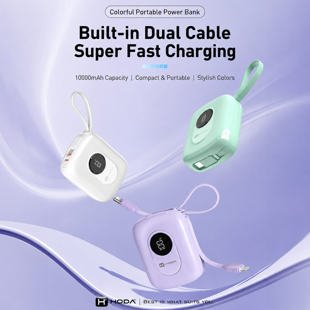 Picture of Hoda 10000mAh CCC Travel Safe Powerbank 20W Fast Charge with Type-C Built In Cable Travel Friendly (White)
