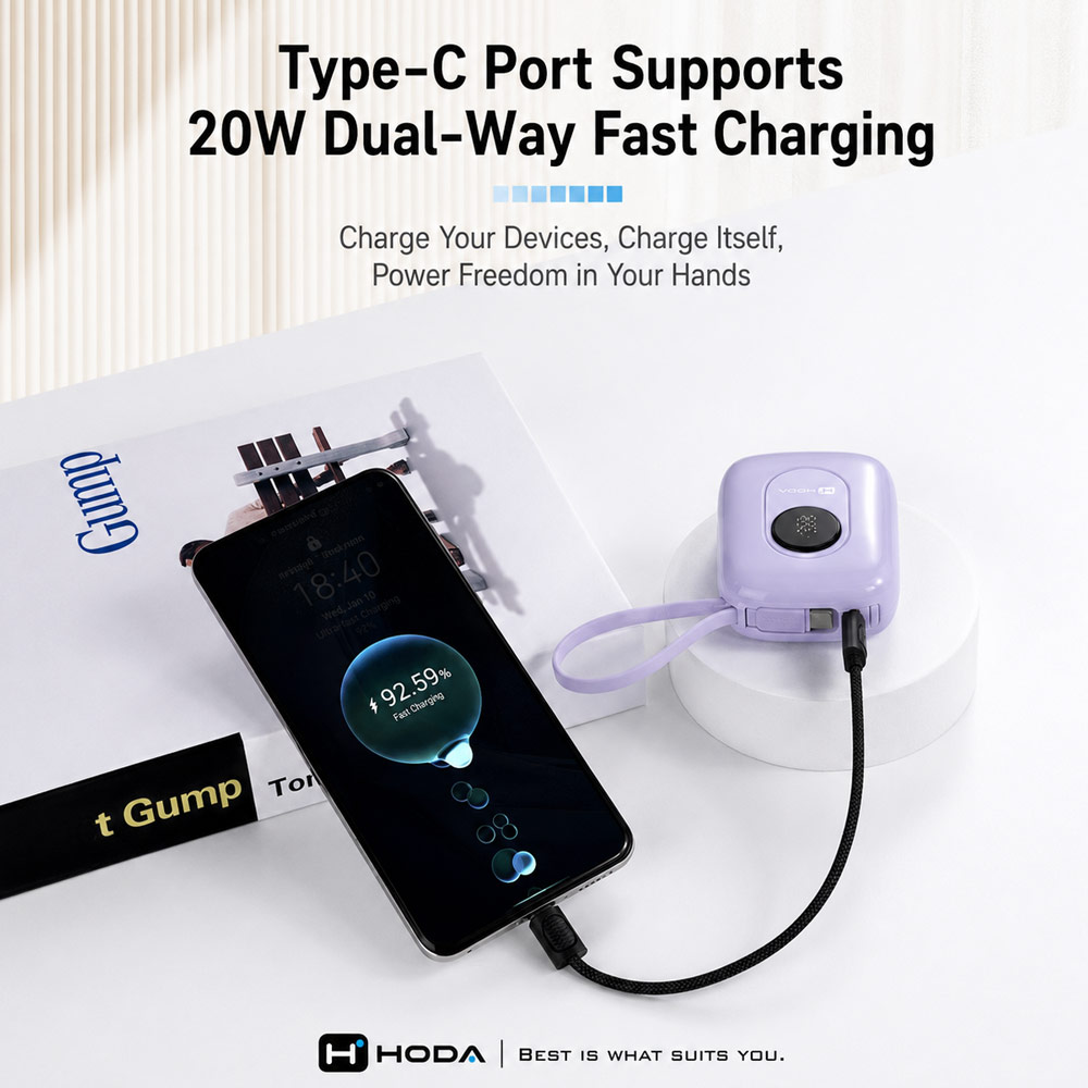 Picture of Hoda 10000mAh CCC Travel Safe Powerbank 20W Fast Charge with Type-C Built In Cable Travel Friendly (White)
