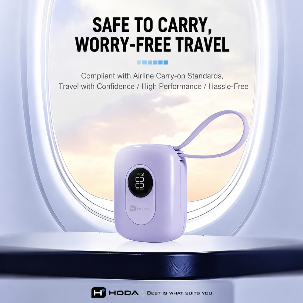 Picture of Hoda 10000mAh CCC Travel Safe Powerbank 20W Fast Charge with Type-C Built In Cable Travel Friendly (White)