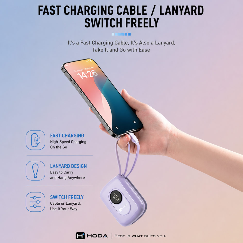 Picture of Hoda 10000mAh CCC Travel Safe Powerbank 20W Fast Charge with Type-C Built In Cable Travel Friendly (White)