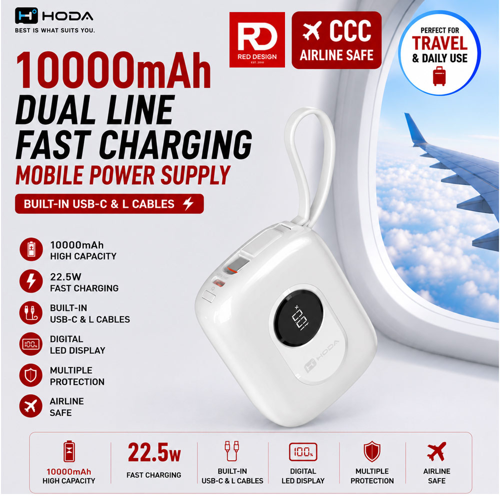Picture of Hoda 10000mAh CCC Travel Safe Powerbank 20W Fast Charge with Type-C Built In Cable Travel Friendly (White)