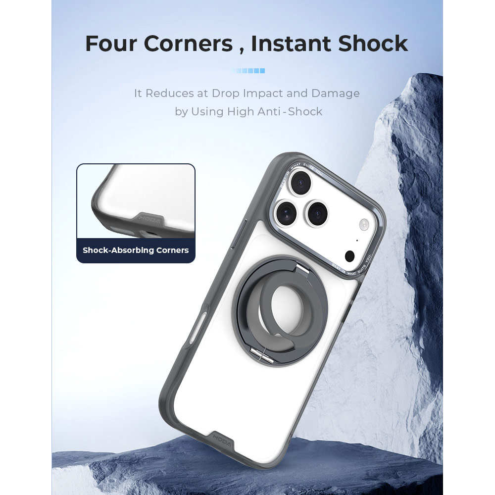 Picture of Apple iPhone 18 Pro Case | Hoda ROUGH Case Magnet with 360° foldable rotating ring-holder stand Enhanced with PureSurfaceTM with Camera Button for iPhone 18 Pro 17 Pro - Matte