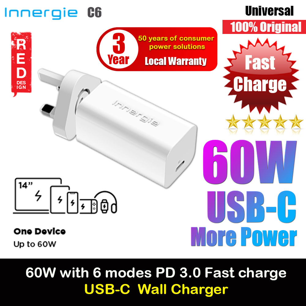 Picture of Innergie C6 60W PD PPS USB-C Power Delivery Fast Charge Small Compact Mini Wall Charger UK for Macbook Air 13 iPhone 14 Pro Max Airpods Apple Watch S23 Ultra iPad Pro (White) Red Design- Red Design Cases, Red Design Covers, iPad Cases and a wide selection of Red Design Accessories in Malaysia, Sabah, Sarawak and Singapore 